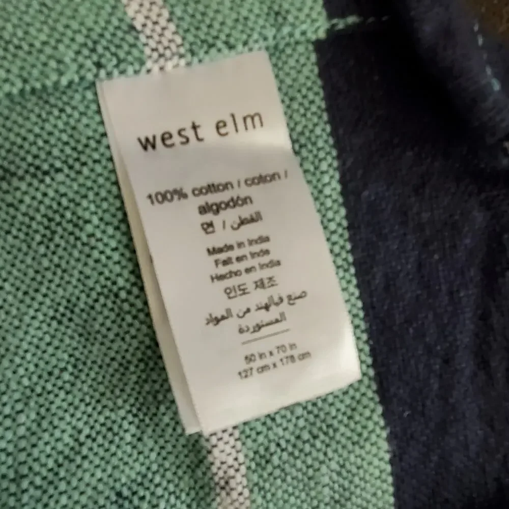 West Elm Multicolor Green Fringed 100% Cotton Throw Blanket Excellent condition